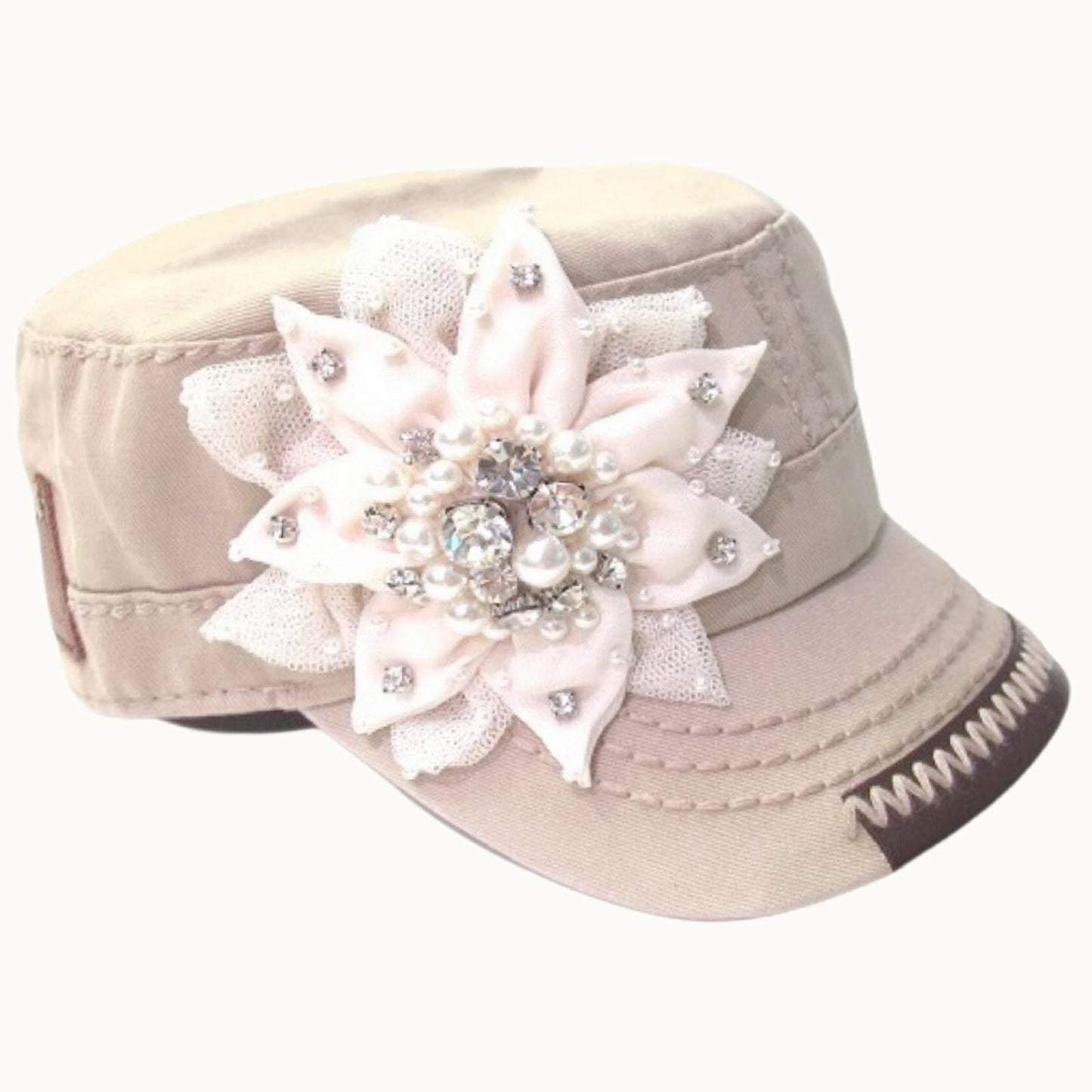 Youth Kids Bejeweled Glitz Flower Cap, Adjustaable: Khaki