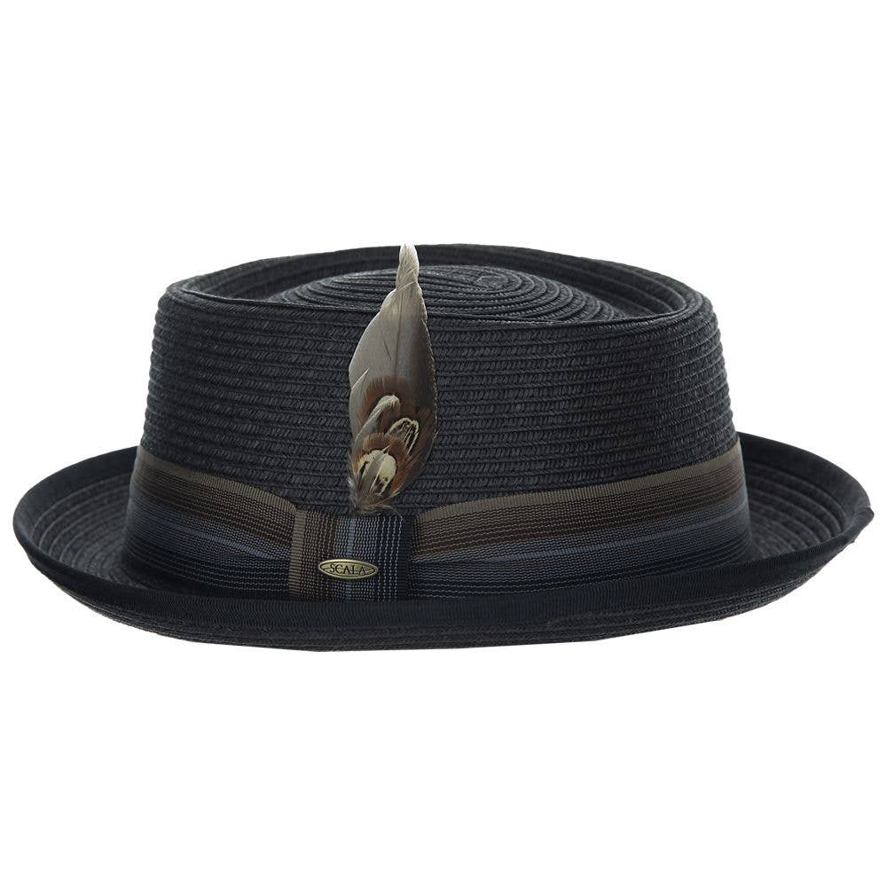 Scala Straw Porkpie Hat- George: Black / L/XL