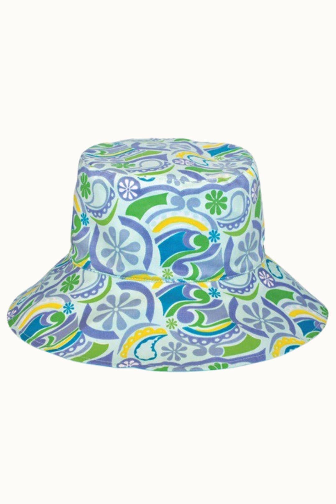 Reversible Retro Floral Bucket Hat with Ponytail Opening: Blue