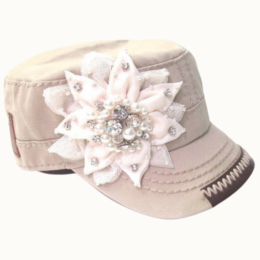 Youth Kids Bejeweled Glitz Flower Cap, Adjustaable: Khaki