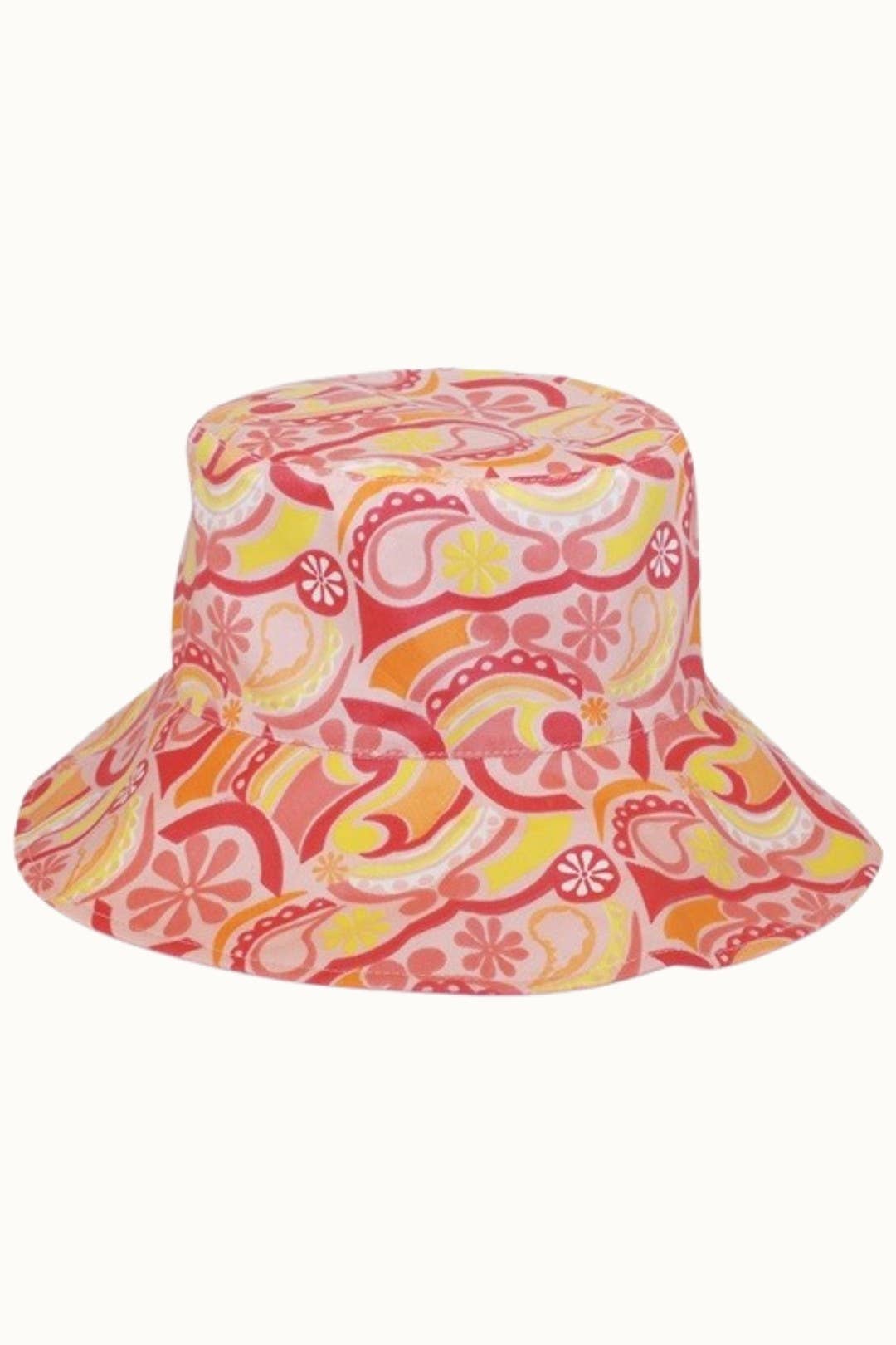 O&P Reversible Retro Floral Bucket Hat with Ponytail Opening: Pink